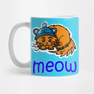 Meow. Happy ginger cat in a cute blue hat Mug